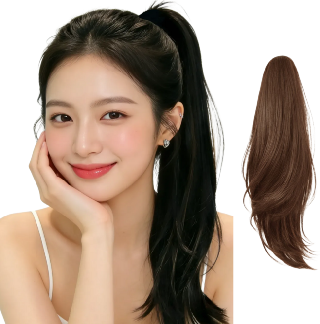 지니판 강력고정 큰집게형 C컬 레이어드컷 포니테일 긴머리 가발, 1개, 라이트브라운