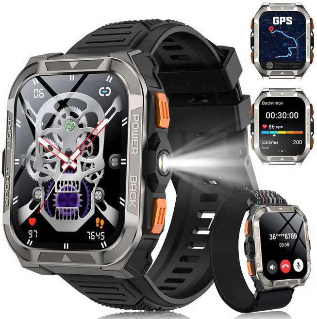 IOWODO W80 Pro 아웃도어 스마트워치 1.91" 대형 터치 스크린 내장 GPS 나침반 통화 가능 메시지 알림 LED 손전등 블루투스 스마트워치 IP68 방수, GPS + 블루투스, 4.6cm, 검은색