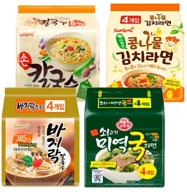 봉지라면 세트 (콩나물 김치라면 4p + 손칼국수 5P + 바지락 칼국수 4P + 쇠고기 미역국라면 4P), 1세트