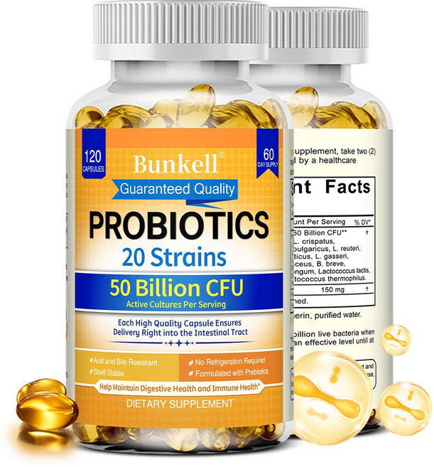 프로바이오틱스 캡슐 500억 CFU 20종 균주 위산 내성 냉장 불필요 Non-GMO 글루텐 프리, 1개, 60회분