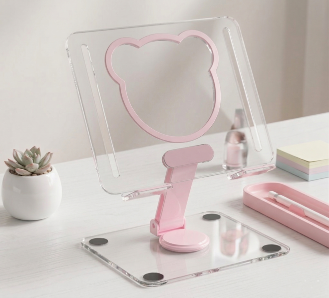듀본 곰돌이 투명 아크릴 접이식 태블릿 거치대, 1개, 핑크, no275