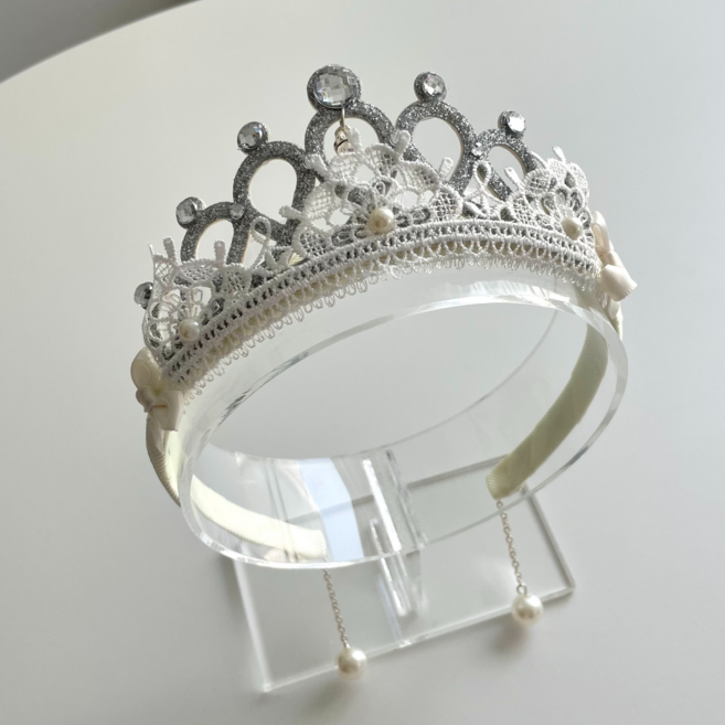 쁘띠공주 어린이 여아 공주머리띠 레이스 왕관 귀걸이 헤어밴드 티아라