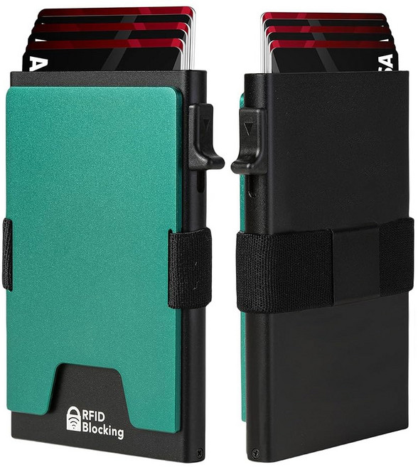 골리디 미니멀리스트 남성 카드 홀더 지갑 RFID 차단 슬림 스마트 팝업 알루미늄 12장 이상의 소지 확장 가능한 컴팩트 플레이트 캐시 스트랩/머니 클립(블랙)