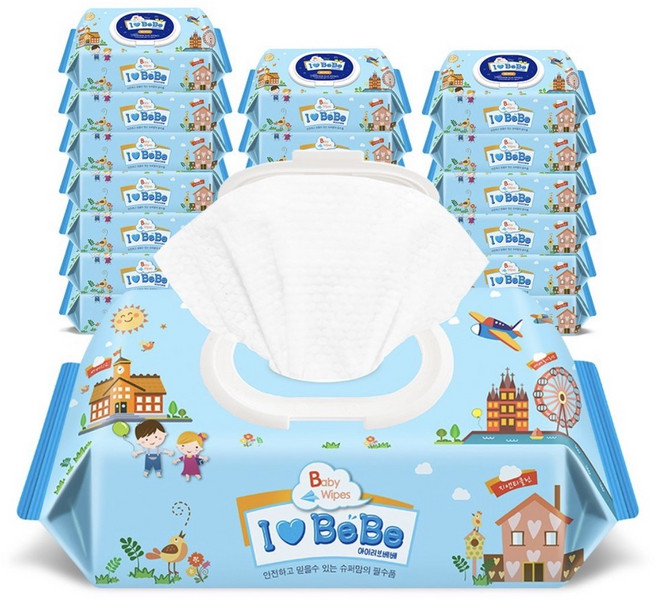 아이러브베베 블루 캡형 80매X20팩 엠보 아기물티슈, 52g, 80매, 20개