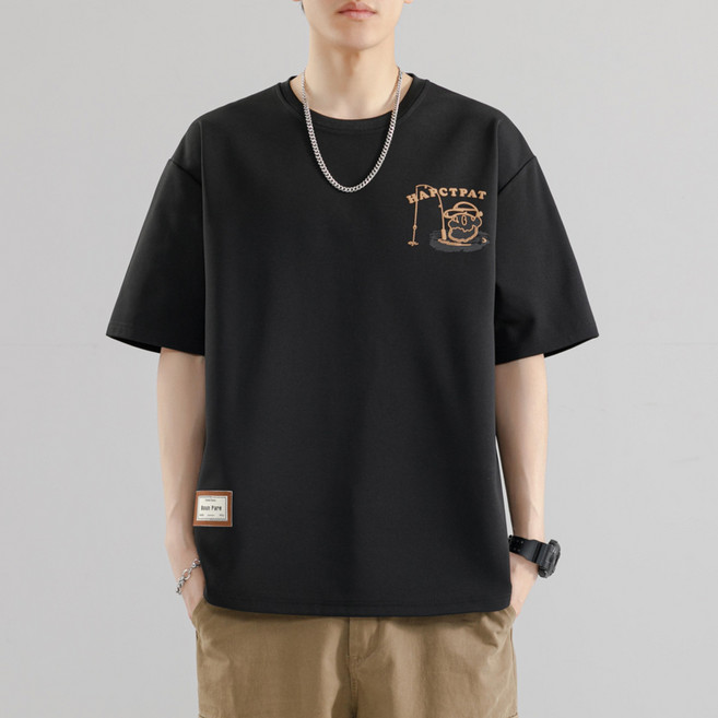 스타일닥터 반팔 티셔츠 남녀공용 특양면 오버핏 낚시 캐릭터 자수 프린트 데일리 라운드넥 반팔