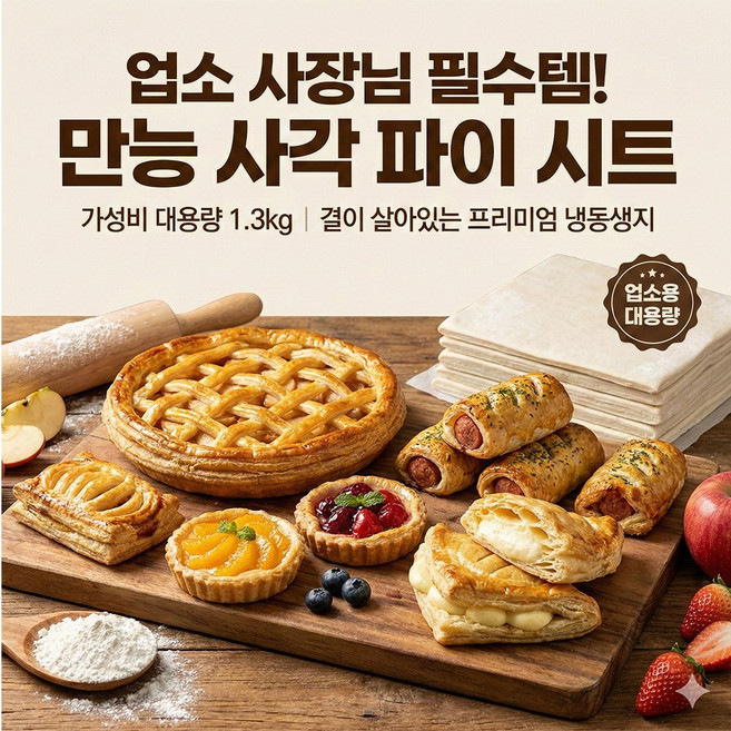 [엣홈045] 페스츄리 사각시트 파이용 65g 냉동생지 홈베이킹, 1개