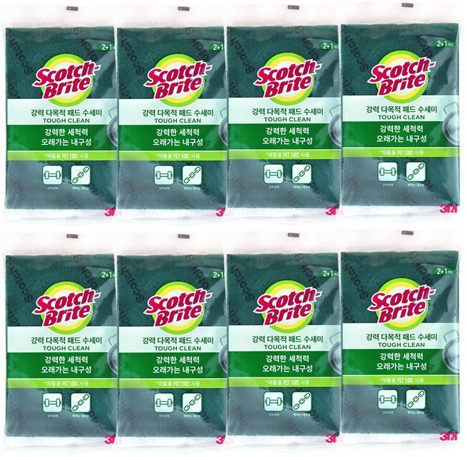 3M 스카치브라이트 강력 다목적 패드 수세미(대형), 3개입, 8개