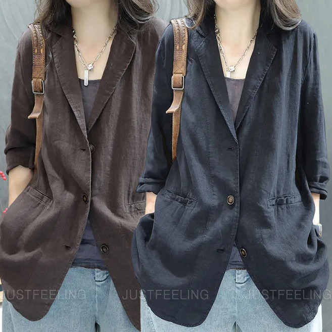면 마 여성 정장 자켓 봄 가을 코트 린넨 루즈핏 캐주얼 상의 데일리룩 세미정장 빅사이즈 JUSTFEELING
