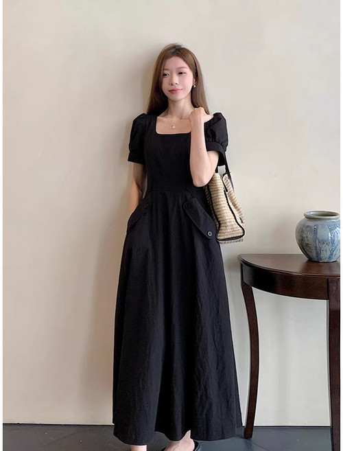 스타일닥터 여성원피스 블랙 빅 사이즈 스퀘어넥 여름원피스 반팔 롱원피스 데일리룩 하객룩