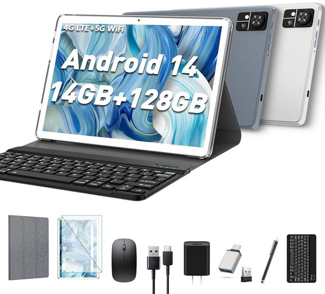 Android14 태블릿 2025 최신 10인치 128GB ROM+14GB RAM+1TB 확장 옥타코어 5G WiFi 태블릿 4G 셀룰러 2개의 심 슬롯 13MP+8MP 70, sliver, White