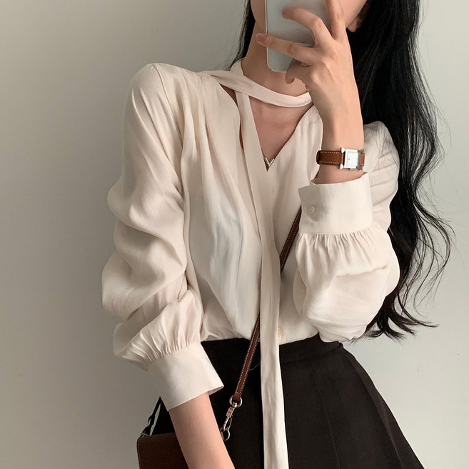 예쁨시전 프렌치 봄 가을 타이 오피스 브이넥 벌룬 긴팔 셔츠 블라우스