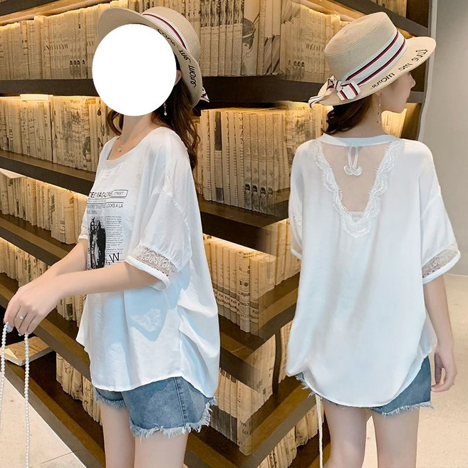 쌍천 여름옷 루즈핏 반팔 티 여 레이스 망사 오픈 톱 여름옷 루즈핏 반팔 티 여 레이스 망사 오픈 톱 W26022219