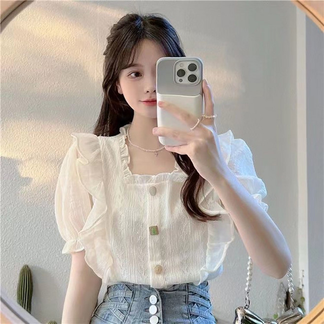 AURALA 여성 레이스 블라우스 반팔티 여자 퍼프소매 예쁜 블라우스 셔츠 데이트룩