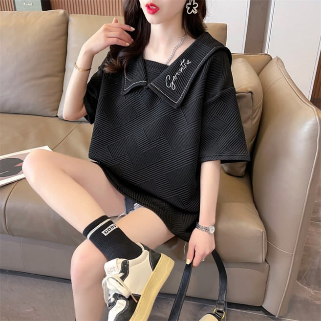 Vezri 여성용 봄여름 반팔 상의 대형 깃 세라 블라우스 오버사이즈