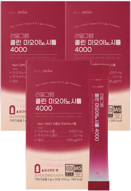 리얼그램 콜린 미오이노시톨 4000 엽산 아연 비타민 요구르트맛, 3박스, 30회분
