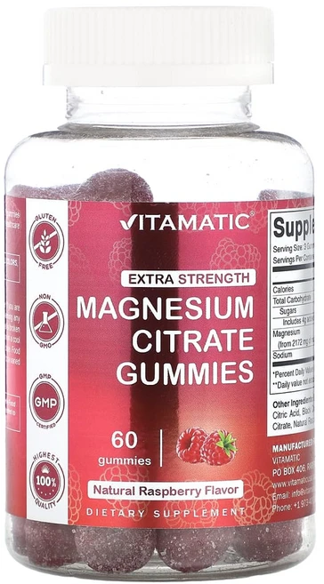 Vitamatic 마그네슘 시트레이트 엑스트라 스트렝스 천연 라즈베리 맛 60 구미젤리, 1개, 60정 - 쿠팡