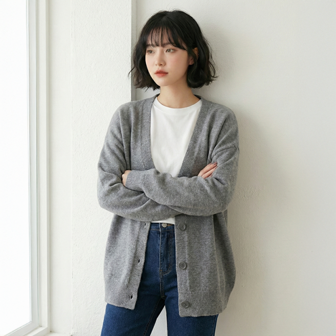 데일로엔 여성 니트 긴팔 브이넥 오버핏 무지 가디건