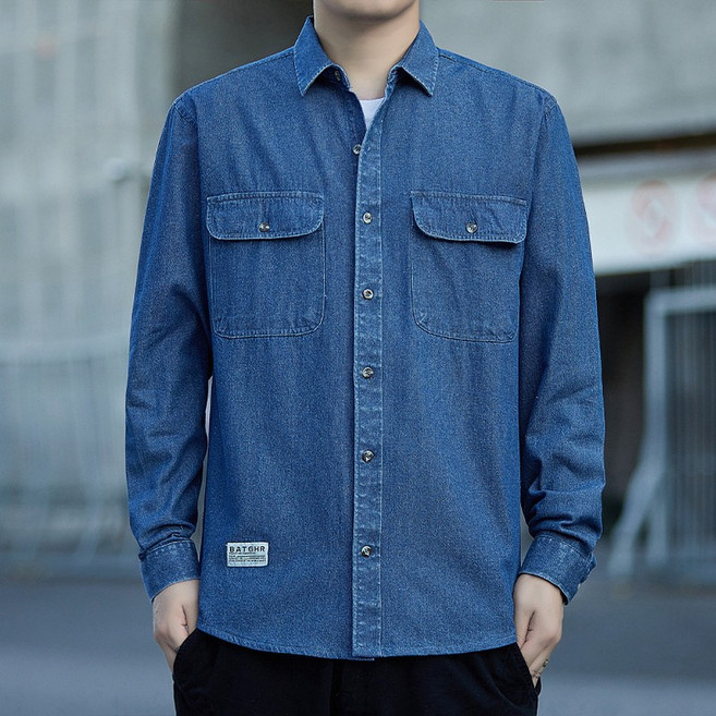 美式復古牛仔外套男士新款春秋季寬鬆休閒大碼工裝長袖襯衫男