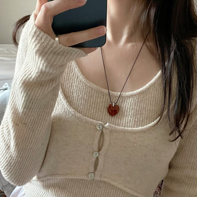 빈티지 글라스 하트 끈 목걸이 (2color)