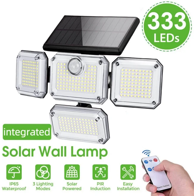 올스토어 333 LED 태양광 야외 벽등 모션 센서 스포트라이트 방수 3가지 보안 가로등 (마당 차고 장식), [02] integrated, [01] 333 LED