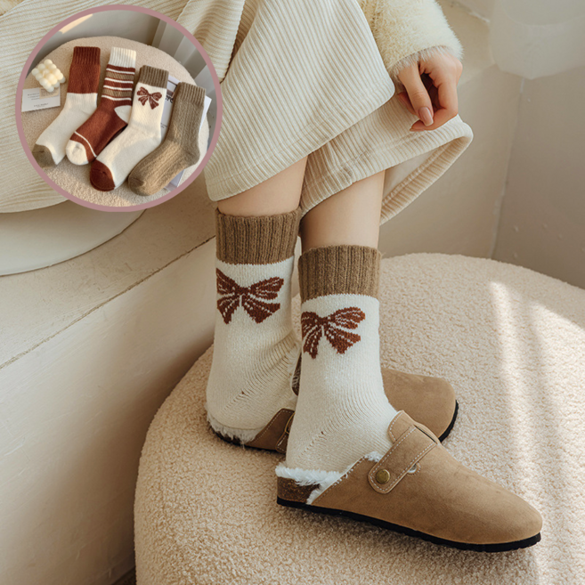 [4켤레 1세트] 여자 두툼한 브라운 겨울양말 방한양말 기모 중목 리본 수족냉증