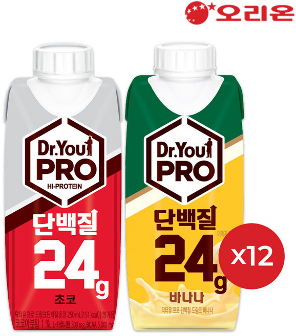 오리온 닥터유 단백질 프로 250ml 바나나 12개 + 초코 12개 (총24개구성)