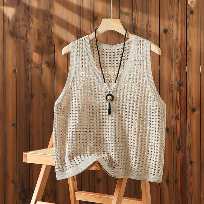 ROYALBELLE 여성 브이넥 루즈핏 망사 니트 베스트 민소매 이너 레이어드 조끼 D0050722