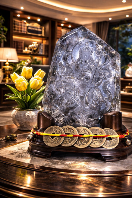 綠幽靈水晶佛像雕刻擺件 居家裝飾藝術品 高15公分, 綠幽靈