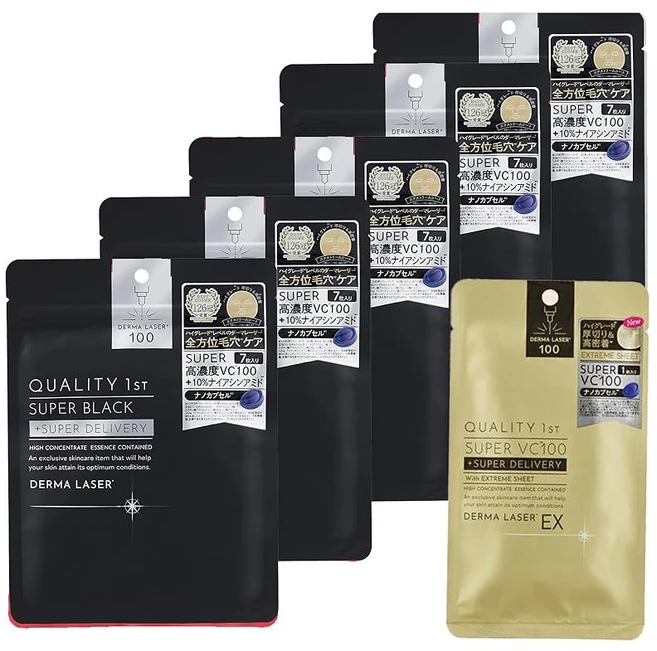 퀄리티 퍼스트(Quality 1st) 더마 레이저 슈퍼 블랙 마스크 (5개 묶음) 색소침착 모공 케어 (나이아신아마이드 / 4종의 비타민 C) 시트 마스크 / EX 슈퍼 VC 1장 - 쿠팡
