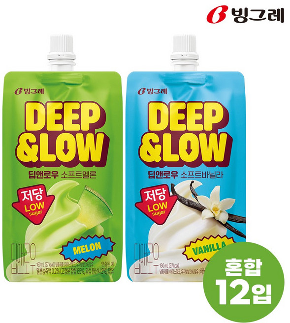 빙그레 아이스크림 딥앤로우 2종 혼합 12개입 (소프트 멜론6개 소프트 바닐라 6개), 160ml