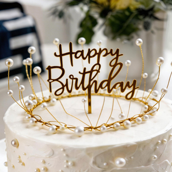 메리블룸 진주 티아라 생일 케이크 토퍼 세트 왕관 장식 6종, 1개, 샴페인 골드