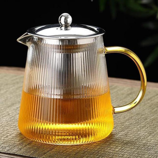 耐熱玻璃茶壺 養生壺 花茶壺 高硼硅 304不鏽鋼茶漏, 1000ml直紋壺【銀色,450ml-1000ml（貼標）, 1個