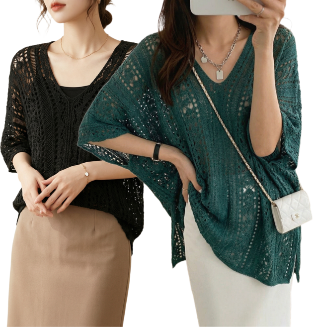 1+1 SSINGYUN 여성 오버핏 시스루 브이넥 펀칭 체형커버 반팔 니트 티셔츠