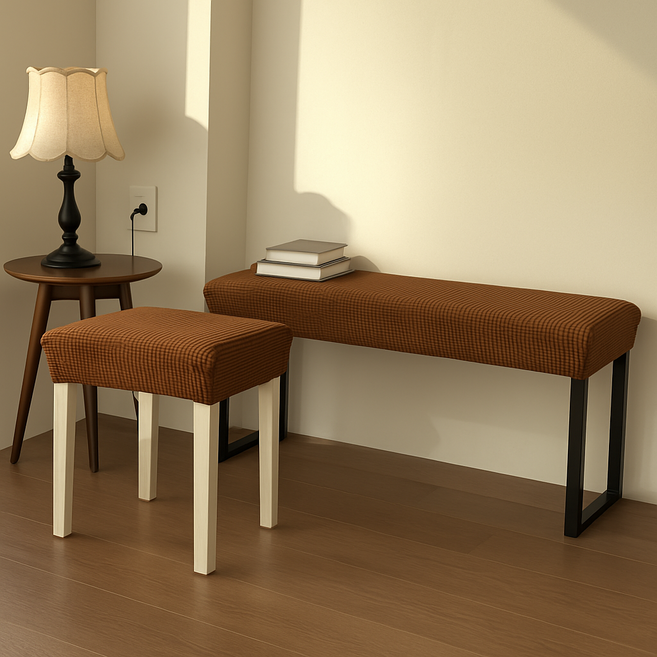 [쭉 늘어나는] 커버무드 와플 벤치형 식탁의자 커버, 딥 브라운, 1개