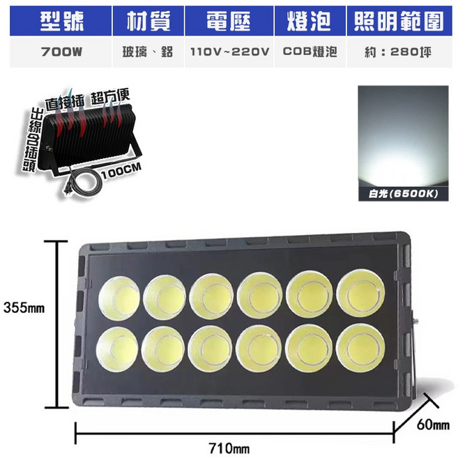 LED投射燈 700W高亮度COB戶外防水探照燈, 1個, 工業級-700W-白光-宅配限2顆