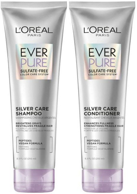 LOréal Paris 로레알 파리 에버퓨어 실버 케어 무설페이트 샴푸 및 컨디셔너 세트 펩타이드가 함유된 영양 비건 포뮬러로 은발을 밝게 하는 1세트, 1개