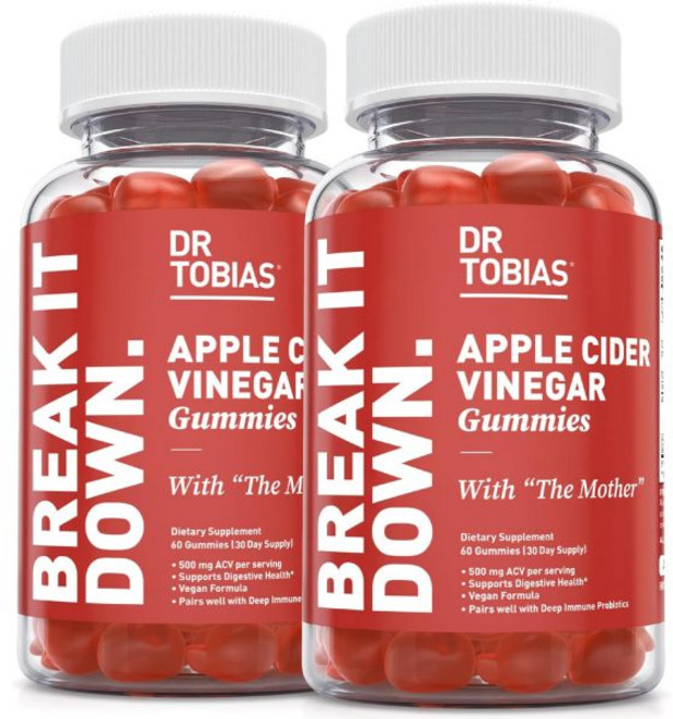 닥터 토비아스 사과 식초 구미 어머니 농축액 함유 1회 제공량당 500mg ACV 엽산 비타민 B6 B12 요오드 포함 소화 건강 지원 장 정화 및 해독 비건 120구미, 60