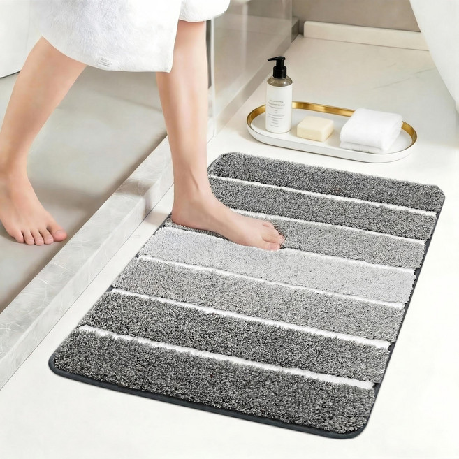 FloorHug 욕실 발매트 미끄럼방지 강력흡수 포근포근 극세사 빨아쓰는 매트, 그레이 스트라이프