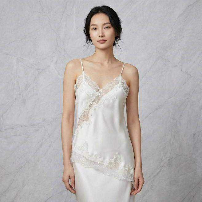 여성 비대칭 레이스 배색 새틴 캐미솔 슬립탑