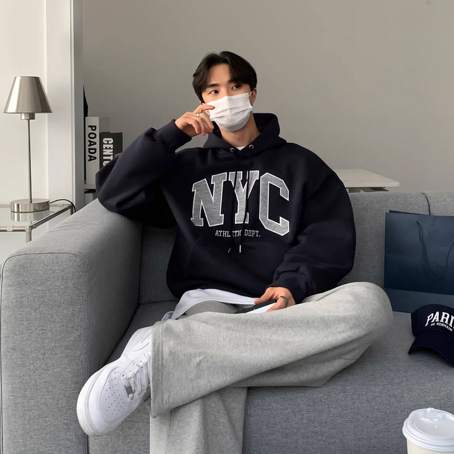 ANYOU 남성 봄가을 오버핏 레터링 후드티 2 colors