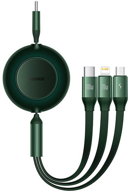 Baseus 개폐식 100W 3 in 1 고속 USB 케이블(Huawei/Honor용) 휴대용 iPhone Samsung용 마이크로 유형 C 충전기 케이블, 1개, Green