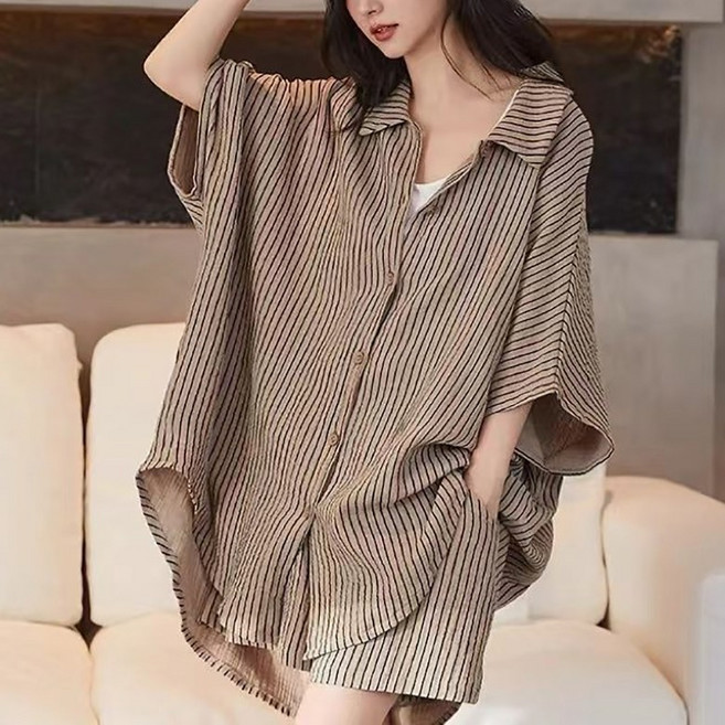 오버사이즈 6XL까지 여름 상하의 세트 스트라이프 반팔 셔츠 데일리 밴딩 반바지 박시핏 여성 홈웨어 잠옷