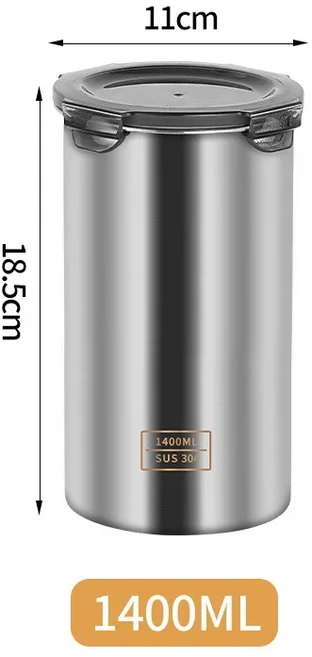 304 스테인리스 스틸 보관 용기 500/900/1400ml 세트 밀폐 주방 통 정리함 신선한 곡물 채소, 01 1PCS 1400ML, 1개