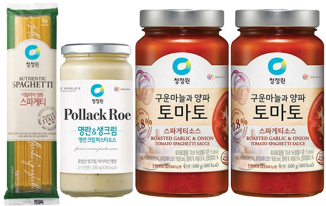 청정원 파스타소스 토마토 600g 2개 + 명란크림 350g 1개 + 스파게티면 500g 1개, 토마토 2개+명란크림 1개+스파게티면 1개