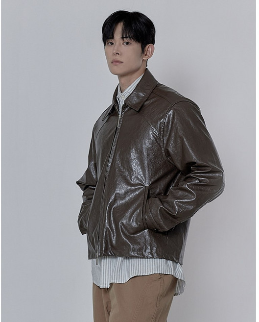 크랙 레더 미니멀 자켓 브라운