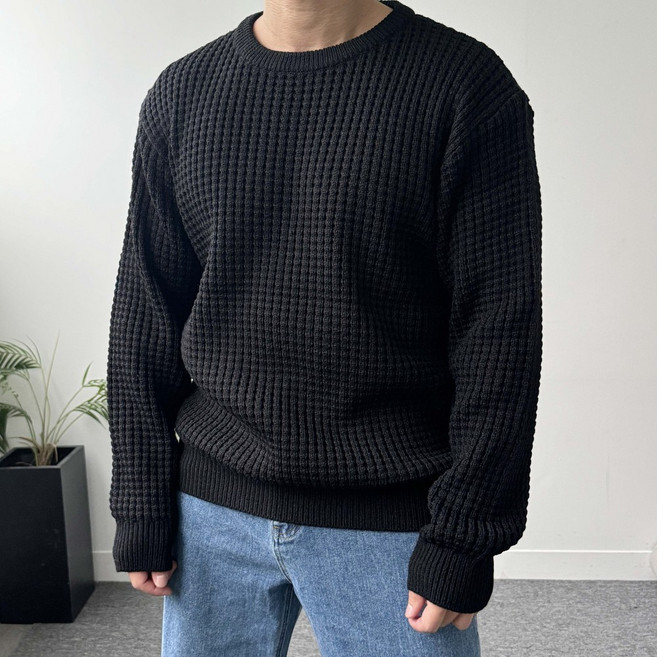 남자 남자가을겨울니트 두꺼운 와플 라운드오버핏니트