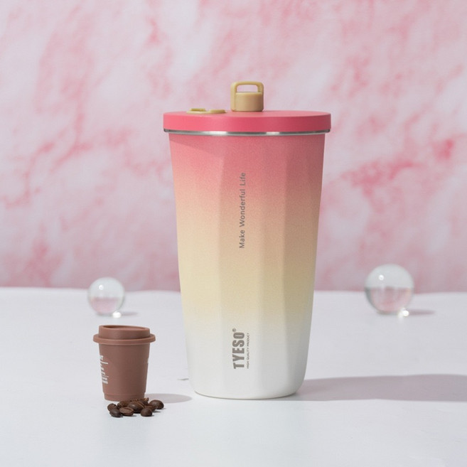 TYESO 新款冰霸杯 不鏽鋼真空保溫杯 伸縮吸管咖啡杯, 蜜桃粉 600ML,600ML（贈：吸管、吸管刷、吸管蓋帽）, 1個