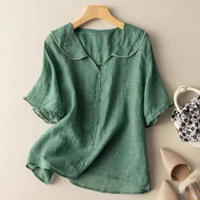여성 린넨 블라우스 반팔 루즈핏 체형커버 세일러카라 여름 셔츠