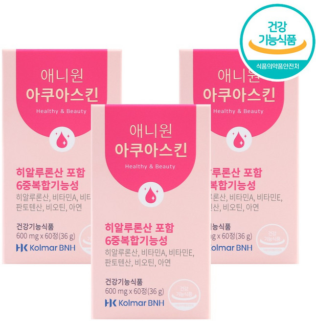 [미감미소] 애니원아쿠아스킨 1박스(1개월분) 히알루론산 콜라겐 비오틴 비타민A 비타민E 판토텐산 아연 6중복합기능성 피부속부터 빛나는 피부건강 UP 한국콜마, 3박스, 60정