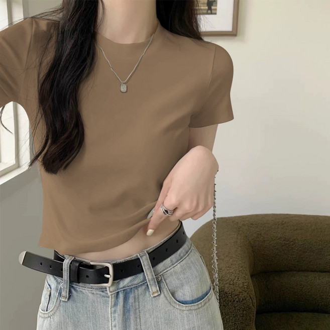 빠뻐을뻔 여성 정어깨 반팔 라운드넥 깔끔 슬림 크롭 티셔츠